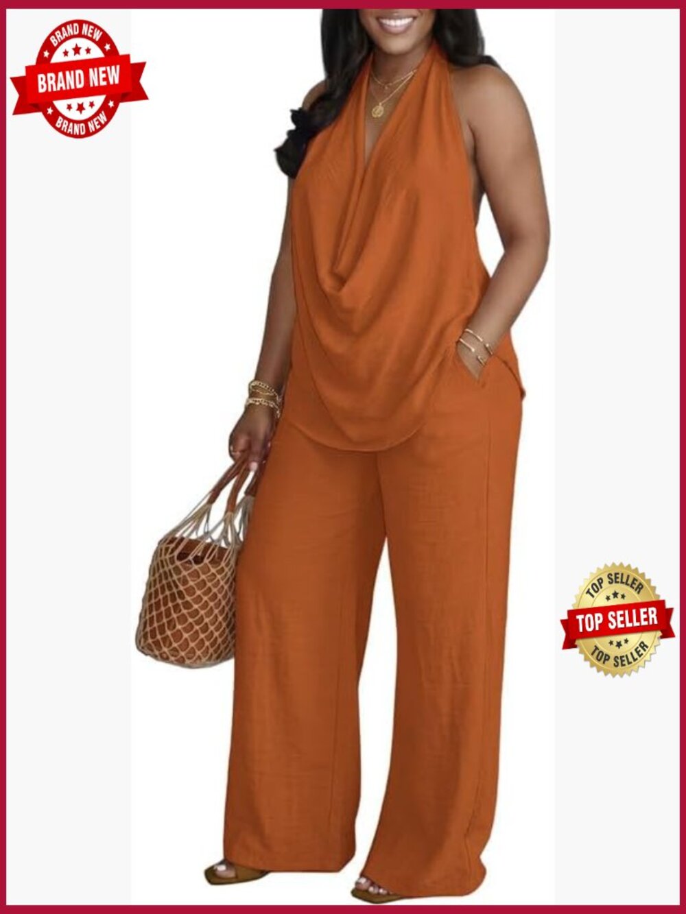 2 Piece Set Cowl Neck Backless Halter Top Wide Leg Pants Travel Outfit Casual